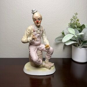 Vintage Porcelain Sad Tramp Clown Figurine Sitting on Barrel Pink Overalls